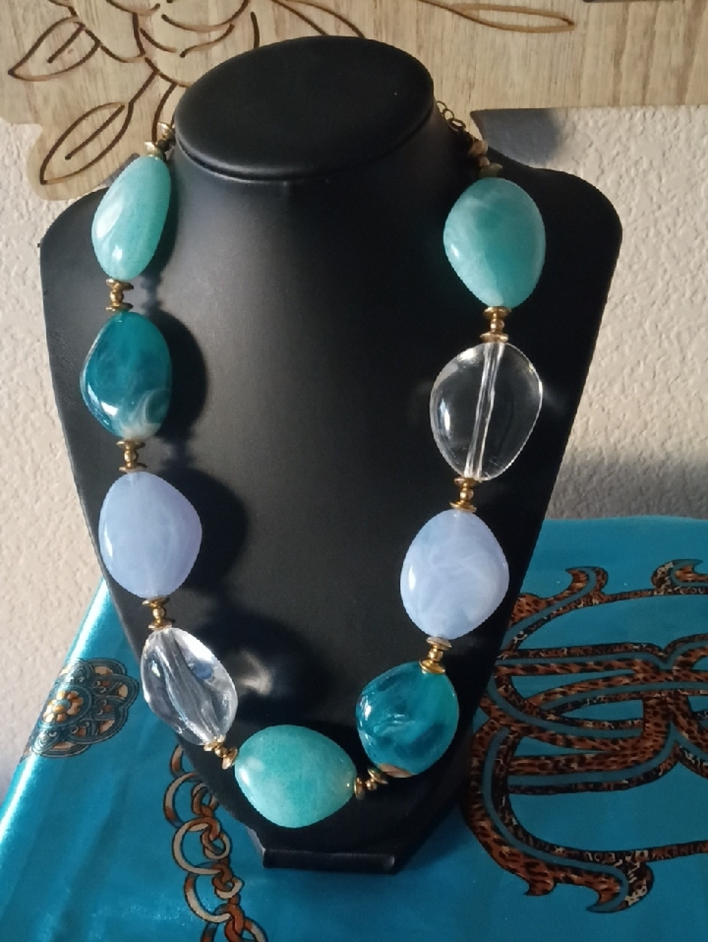 Aqua & Clear Chunky Beaded Necklace with Gold Accents